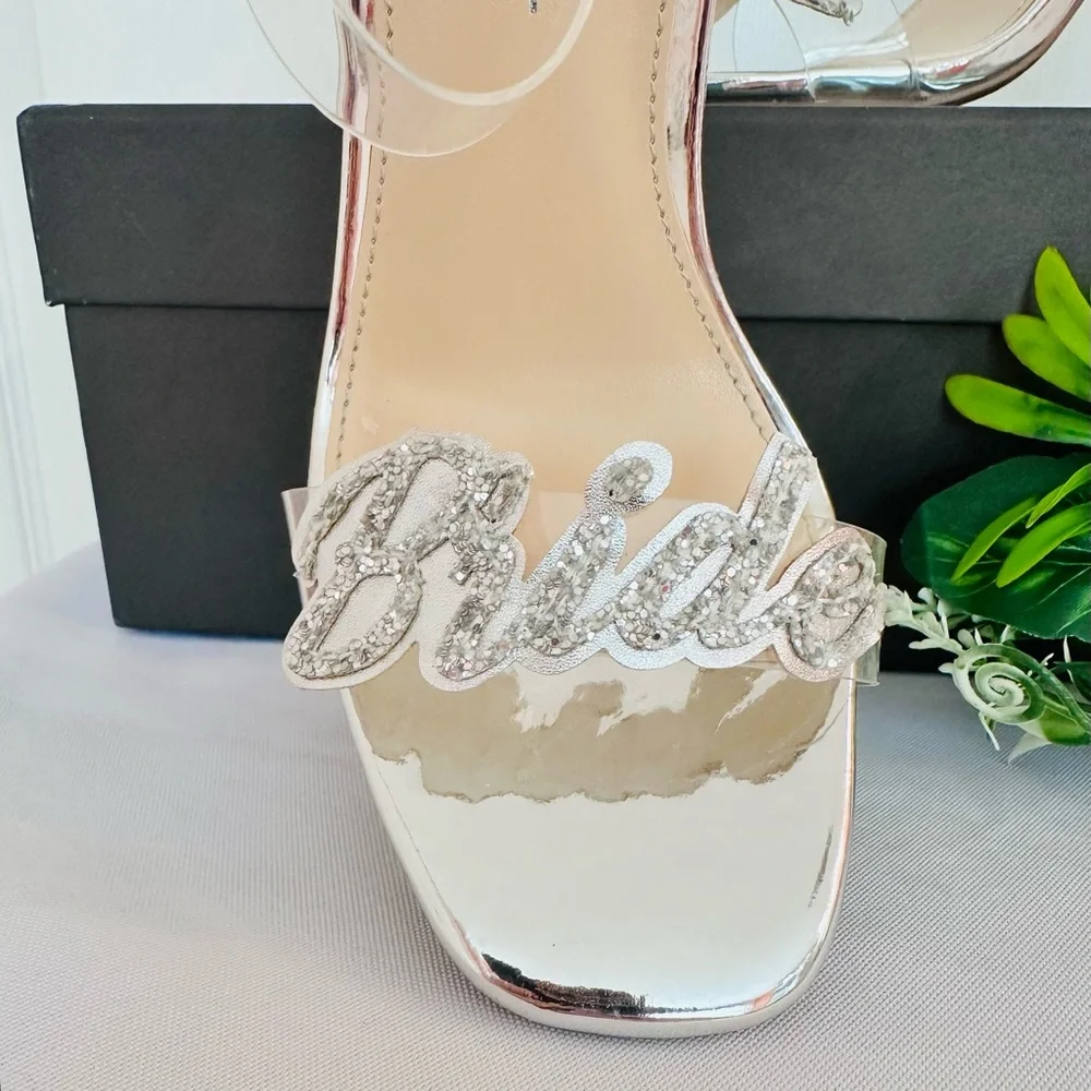 BLUE by BETSEY JOHNSON ~ Silver Lucite 3.5” Block Heels and Bride Glitter Accent